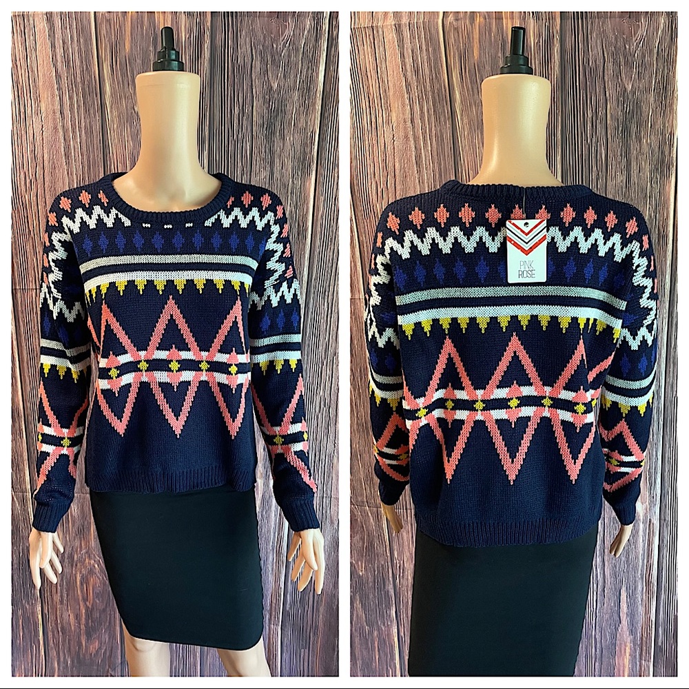 Pink Rose size small blue pink white yellow boho tribal print scoop NWT